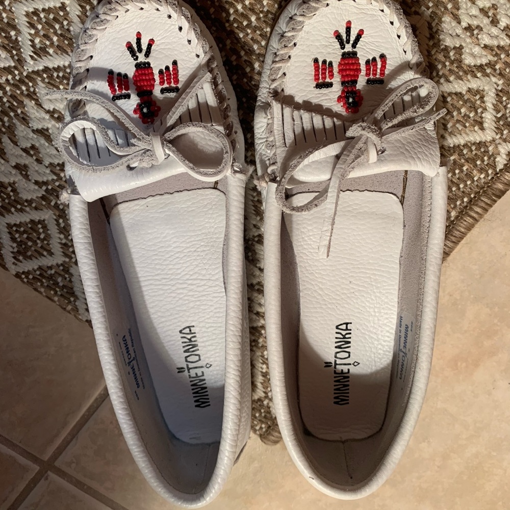Minnetonka White Moccasins with Red and Black Accents